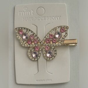 Gold Tone Pink Crystal Butterfly Hair Clip